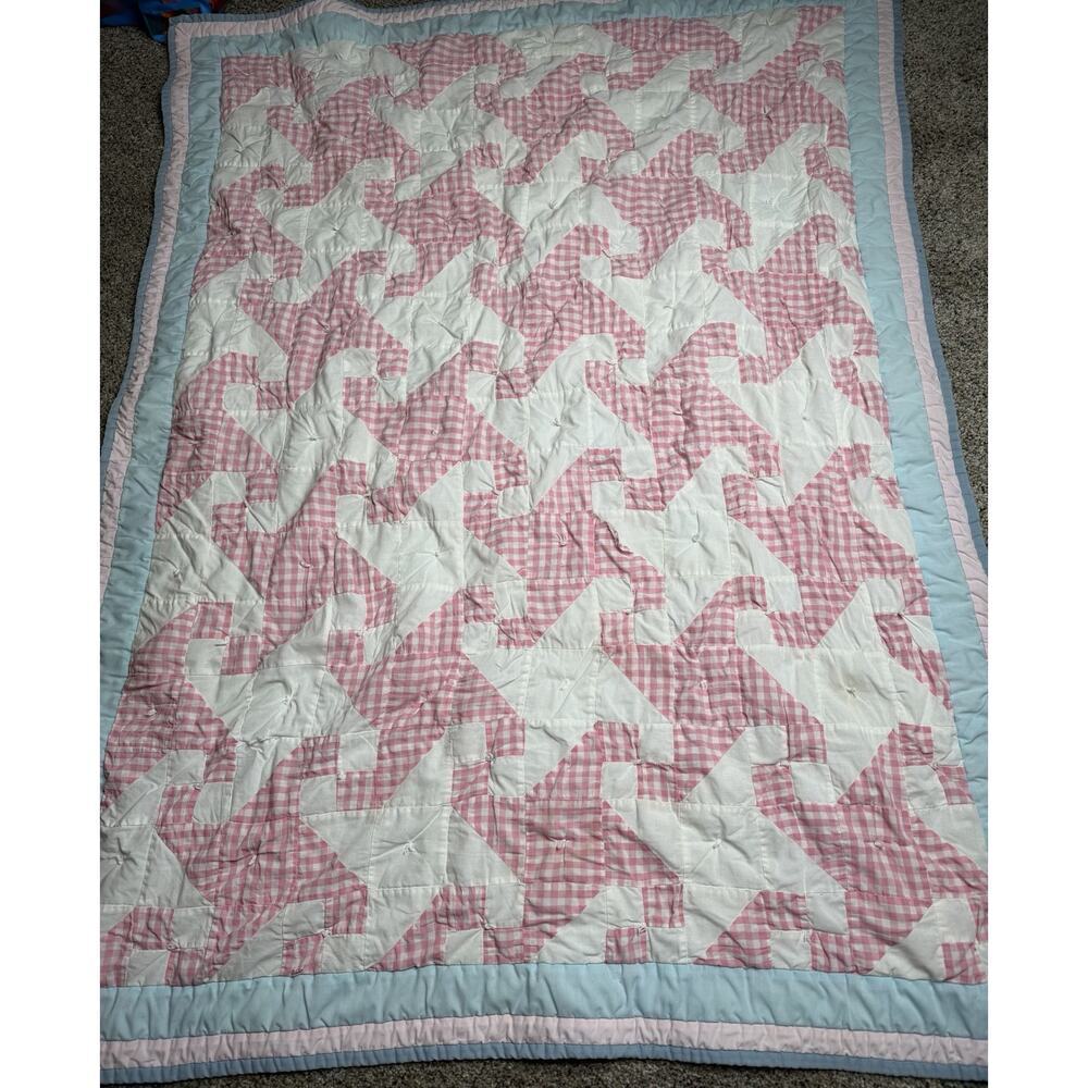 Vintage HANDMADE QUILT Drunkard’s Path Pink Blue Cottage Checker Pinwheel 50x38